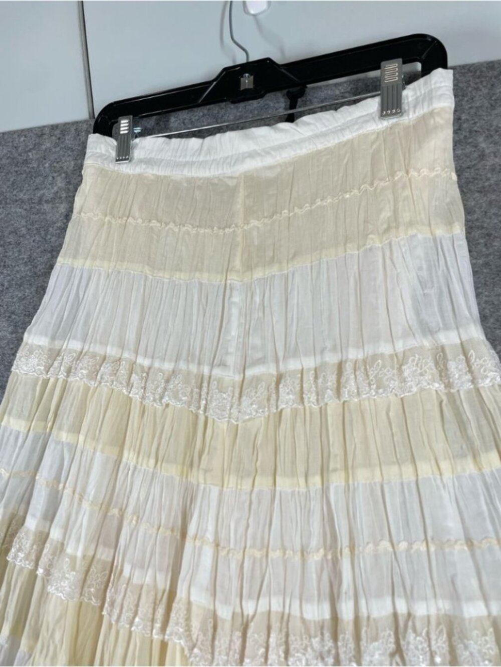 Boho Tiered Crinkle Maxi Skirt Cream White Prairie Cottagecore Festival Chic - Picture 7 of 16